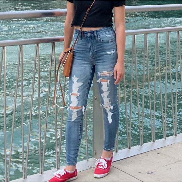 AE Super Hi-Rise Distressed Ripped Jeggings 00 X-Short - Picture 2 of 5